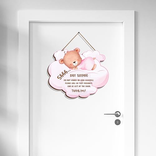 Image of Baby is Sleeping Wooden Hanging Door Sign, Funny Front Door Do Not Ring Doorbell Decorations Hanging Sign, Baby Sleeping Door Sign for Room Front Door Nursery Bedroo