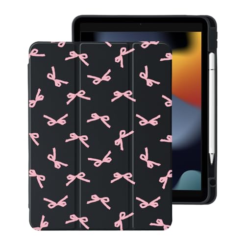 Cute Kawaii Pink Bow for iPad Pro 13 Inch Case (M5/M4) 2025/2024 with Pencil Holder, Auto Sleep/Wake, Black Leather Clear Acrylic Back Cover