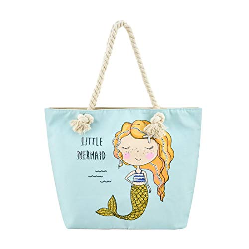 Large Beach Travel Canvas Tote Cute Shoulder Shopping Bag, Mermaid-3