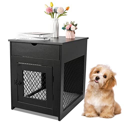 Dog Crate Furniture, Dog Kennel With Drawer Pad And Tray, Wooden Dog Crate Side End Table, Furniture-Style Dog Crates For Small Dog Indoor Use, Black #TOP1