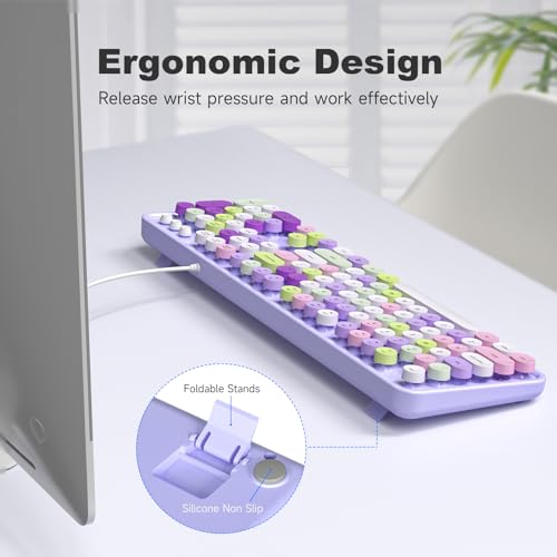 Image of Atelus Computer Wired Keyboard, Plug Play USB Full-Size Keyboard with Large Number Pad, Caps Indicators, Foldable Stands, for Windows 7 /8 /10 PC Laptop (Purple Colorful)