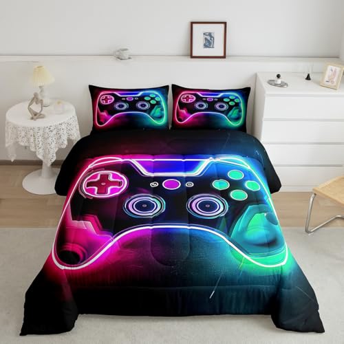Juego de edredón con estampado de consola de videojuegos, juego de ropa de cama con líneas geométricas de luz neón degradado para niños, adolescentes y adultos, edredón acolchado moderno hippie con 1