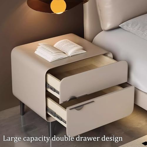 Modern Wood Nightstand with Leather Finish, 2 Silent Drawers, Stylish Bedside Table & Space Saver for Bedroom & Living Room (White, 40cm/15.75in)
