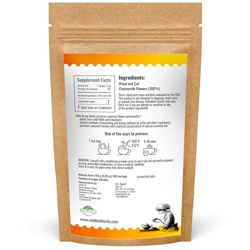 Image of WILDFIELD HERBS 100 Bags Chamomile Tea Bag Camomile Tea Bag Flowers (Chamomilla Chamomilla) - 100 Count 1.5g Chamomile Bags Flores De Manzanilla