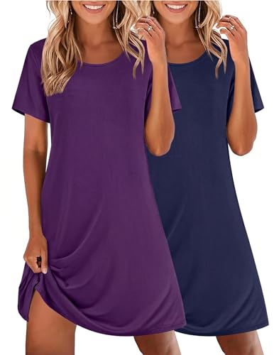 Image of Ekouaer 2 Pack Nightgowns for Women Sleepshirt Short Sleeve Night Shirts