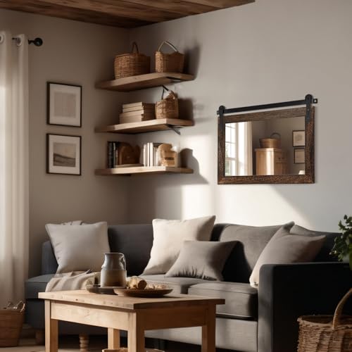 Image of COGOOD Farmhouse Barn Door Mirror - 22 x 29 Rustic Wood Framed Wall Mirror for Bathroom, Living Room, Entryway Wall Decor (Black Brown)