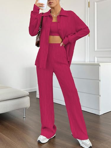 Image of Shasmi Women's 3-Piece Co-ord Set - Solid Button Front Shirt, Strapless Tube Top & Wide Leg Pants | Casual Loose Fit Western Outfit for Daily Spring /Fall Wear (Co-Ord-208)