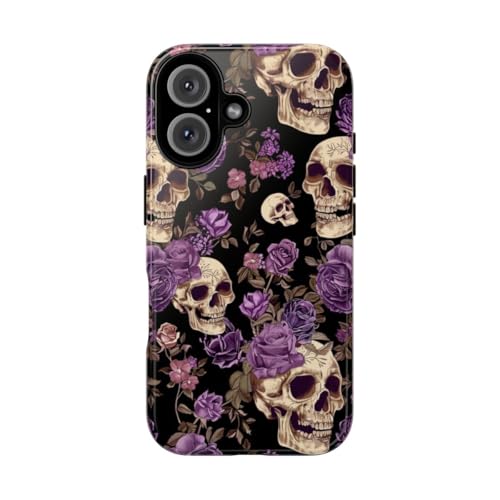 Coque iPhone 16 motif roses violettes et crânes rigide brillante protection chic