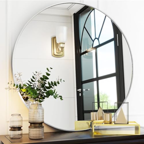 Image of Round Wall Mirror with Durable Wooden Frame - 30 inch (Grey) | Modern Decorative Wall Hanging Mirror for Bathroom, Bedroom, Basin, Dressing Table, Entryway & Home Interior Decor