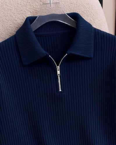 Image of AUSK Men's Cotton Blend Rib Knit Textured Full Sleeve Polo T-Shirt | Regular Fit Zip Polo Neck Smart Casual T Shirt for Men | Stylish Fashion & Casual Wear Tshirt for Men