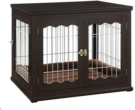 unipaws Pet Crate End Table with Pet Bed, Wooden Wire Dog Kennels with Double Doors, Modern Design Dog House Indoor Use, Espresso