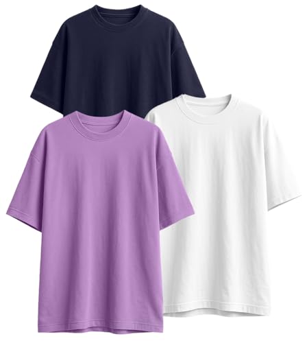 Image of Veirdo 100% Pure Cotton Drop Shoulder Oversized Baggy Fit Half Sleeve Plain Solid Round Neck Multicolor T-Shirt Combo for Men (Pack of 3) (Sizes S-2XL)
