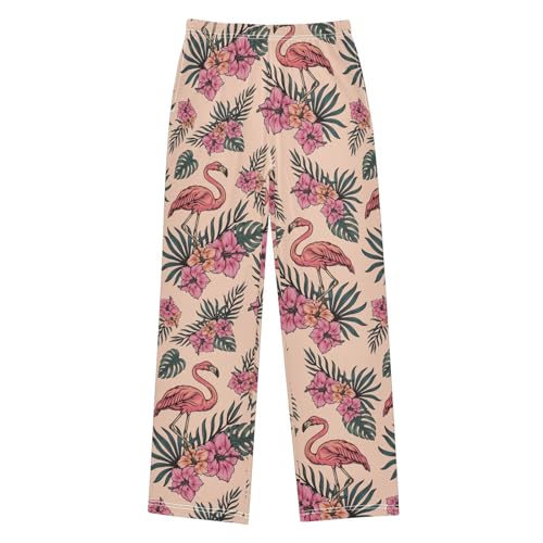 Flamingo Hibiscus Palm Leaves Boys Long Pants Soft Trousers Elastic Waist Kids Lounge Bottoms with Pockets S-XL