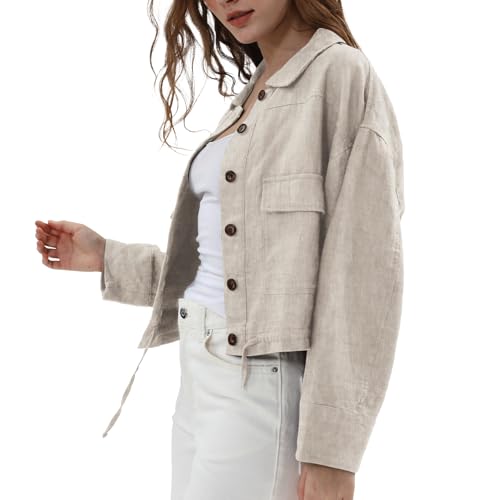 Amazhiyu Womens 100% Linen Crop Cargo Jacket Button Down Long Sleeve Coat Casual3