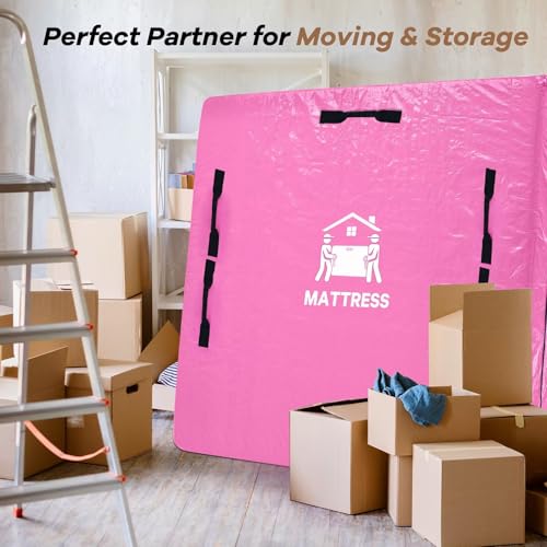 Image of Mattress Bags for Moving, BETU Mattress Protector Waterproof Mattress Cover Storage Bags with 8 Heavy-Duty Handles and Zipper for Bed Extra Thick Large Reusable,82 inchx42 inchx15 inch,Pink