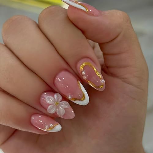 Image of NBNTGH Press on Nails with White Flower Design Gold Line Fake Nails Pearl Decor Stick on Nail Glossy Full Cover for Women Manicure 24Pcs