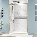 DELAVIN 44-48.in W x 72.in Semi-Frameless Pivot Shower Door, Adjustable Swing Shower Glass Door, Water Repellent Shower Door, Gold Shower Door with SGCC Clear Tempered Glass, Explosion-Proof Film