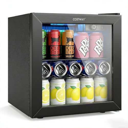 Image of COSTWAY Beverage Refrigerator Cooler, 1.3 Cu. Ft. 12 Bottles 55 Cans Mini Fridge with Tempered Glass Door, Removable Shelf & Adjustable Temperatures, Compact Drink Cooler for Wine, Beer & Soda