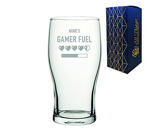 Personalised Engraved Pint Glass with Name's Gamer Fuel Hearts Design, Gift Boxed, Personalise with Any Name for Any Gamer