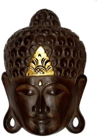 Wogeka - Masque mural élégant en bois de Bouddha Feng Shui Afrique 30 cm Décoration artisanale sculptée Or Budda Maske13