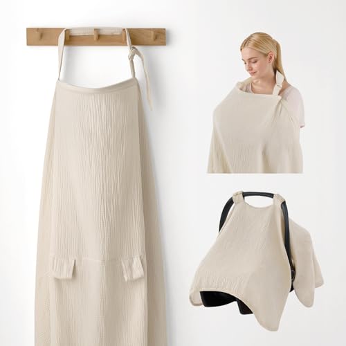 Image of Blissful Diary 2-in-1 Muslin Baby Car Seat Cover, Multi-use Nursing Cover for Breastfeeding, Breathable Infant Car Seat Cover Canopy - Beige