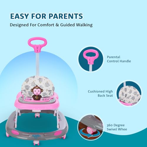 Image of Amazon Brand - Supples Baby Activity Walker with Parental Handle | BIS Certified | 3-Level Height Adjustment, Convertible Toy & Food Tray, Music, 360 Rotating Wheels | for 9+ Months | Grey & Pink