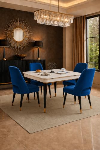Image of WOODEN SPACE 4 Seater Wooden Dining Table Set | Urban Marble Top Dining Table with Chairs for Dining Room & Kitchen (Modern Vintage Navy Blue) (42 x 42 x 30 inch)