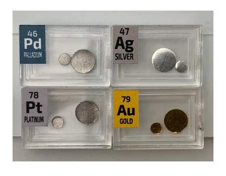 Set di campioni a forma di piccoli dischi, 0,1 g, oro, argento, platino e palladio
