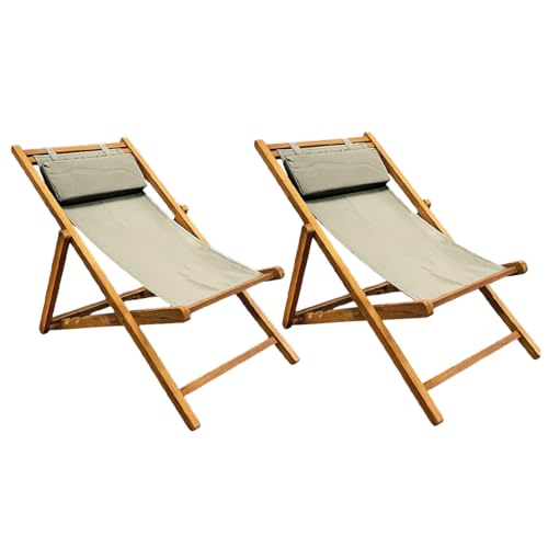 Lot de 2 chaises longues pliantes / Chiliennes / Transats de jardin en bois de teck massif huilé dossier réglable 3 niveaux avec toile vert sauge -...