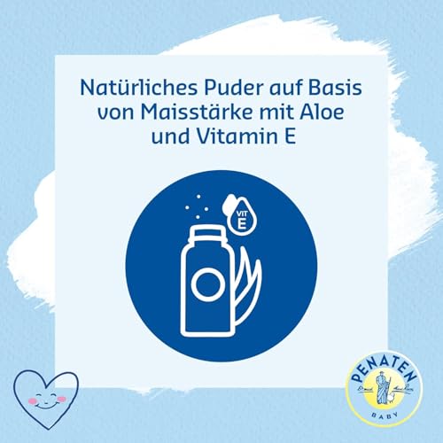 Penaten natürliches Baby Puder mit Aloe & VitaminE(1x 100g)- Schützt empfindliche Haut, nimmt Feuchtigkeit auf & hält die Haut trocken- Dermatologisch bestätigt-99% Inhaltsstoffe natürlichen Ursprungs