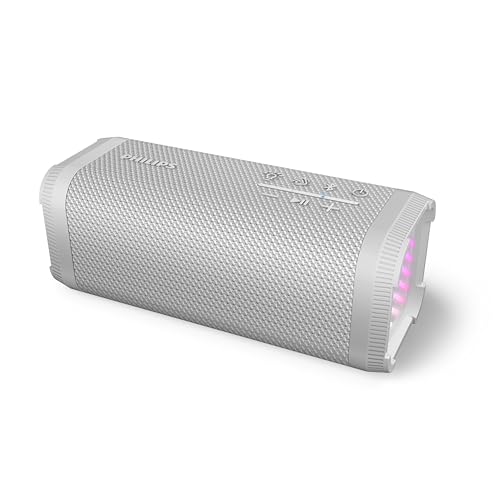 Philips TAS2000W kabellose Bluetooth-Lautsprecher mit LED-Lichtshow, 20 W Bass+, Auracast, 20 Std. Wiedergabezeit, nach IPX5 spritzwassergeschützt, USB-Wiedergabe, Mikrofon, App-Steuerung – Weiß