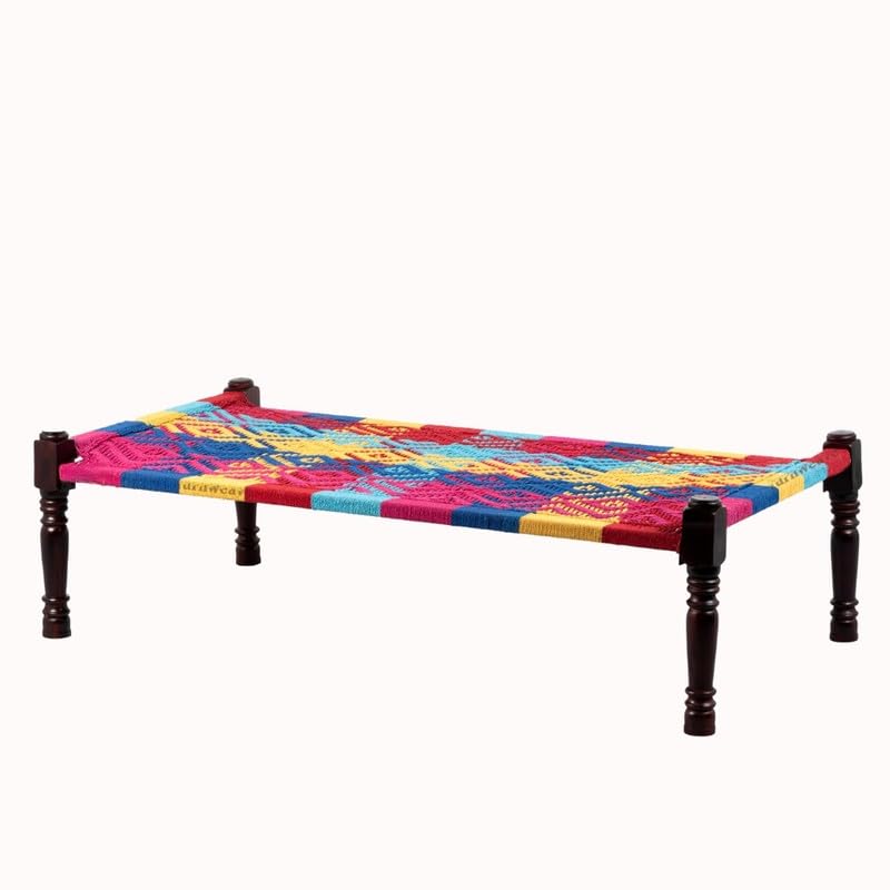 Image of Solid Sheesham Wood Charpai Khat | Handcrafted Daybed Khatiya Charpai with Cotton Rope | Traditional Khat Bed Wooden Diwan Cot for Living Room | 6X3 Feet | Colorful 001, Multicolour