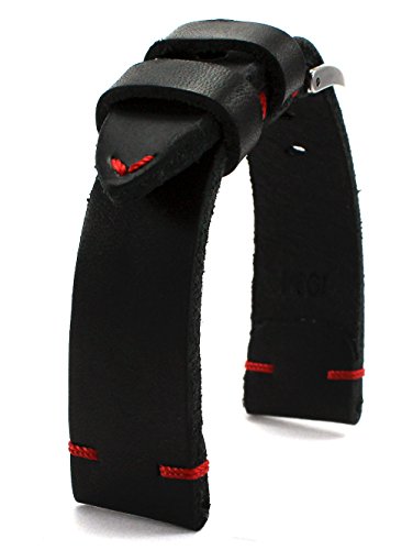 Bracelet montre en cuir 22mm noir coutures rouges fait main style rétro RIOS1931