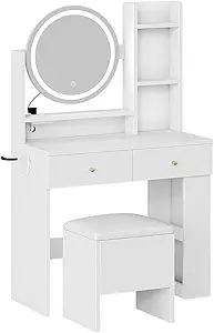 DWVO Vanity Desk with Mirror and Lights, Makeup Vanity Table Set with Power Outlets and Chair, 3 Lighting Colors, Makeup Desk with 3 Drawer and Lots Storage Shelves for Bedroom, White Dressing Table
