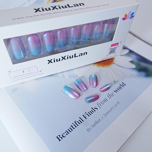 Aurora gradient blue and pink oval press-on nails 24pcs 12 size false nails