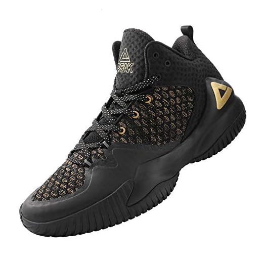 Tênis de basquete masculino PEAK de cano alto, respirável, antiderrapante, para atividades ao ar livre, acolchoado, esportes, para academia, academia, Black&glod, 10
