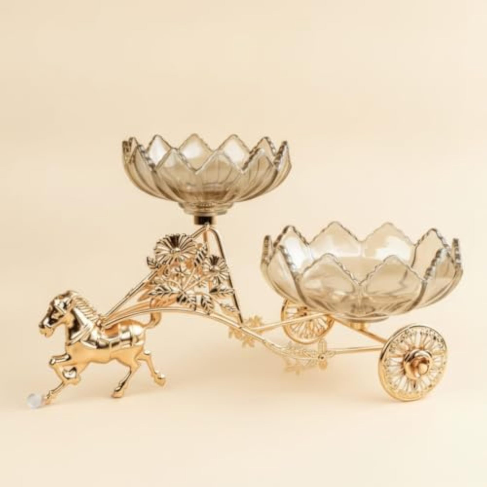 Gold-Tone Serving Tray with Bowls, Ornate Snack Tray with Stand