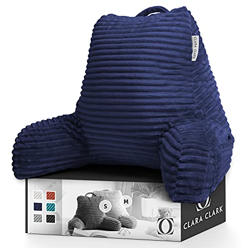 Clara Clark Cut Plush Striped Reading Pillow for Kids & Teens, Medium Back Pillow, Back Support Pillow, Shredded Memory Foam Bed Rest Pillow with Arms, Navy Blue