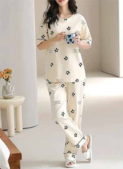 Image of Women's Pajama Set with Top & Pants|| Korean Night Wear|| Loose Fit Home Wear || Lightweight Printed Set || Soft & Comfy Girls & Women
