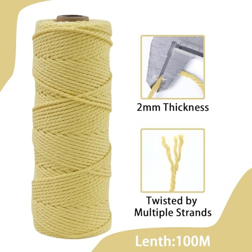 POPOYU 2mm Macrame Cord,100m Natural Cotton Macrame Rope,Yellow Macrame Cotton Cord Twine Rope Craft String Without Chemicals for DIY Crafts,Macrame Art,Gift Wrapping,Christmas Wedding Decor - Image 2
