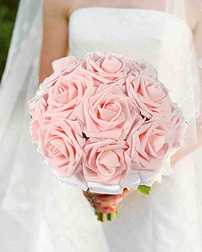 JaosWish 50PCS Artificial Roses Real Touch Fake Foam Roses Artificial Flowers for DIY Bouquet Wedding Party Home Decoration (Pink Champagne)