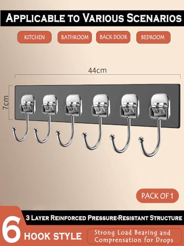 Image of Wall Hook Hanger with 6 Hooks | Heavy Duty Wall Mounted Adhesive Hook Rack for Kitchen, Bathroom, Bedroom & Office | Multipurpose Organizer for Coats, Towels, Keys 1pc (Black)