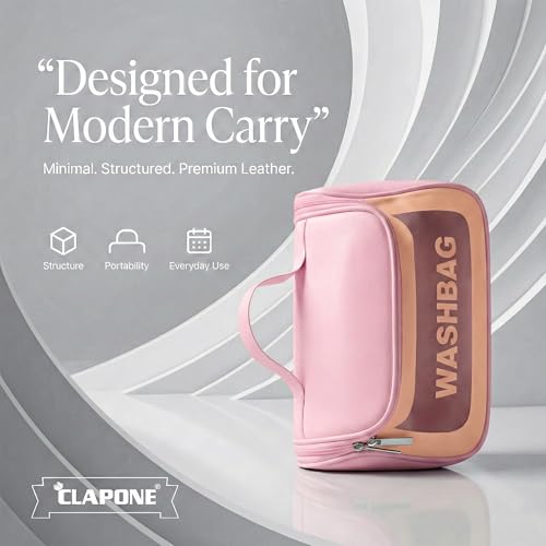 Image of Cosmetic Bag for Women, PU Leather Makeup Pouch, Large Capacity Travel Makeup Organizer with Divider & Handle, Waterproof Portable Vanity Storage Bag for Toiletries (Washing Bag-Pink)