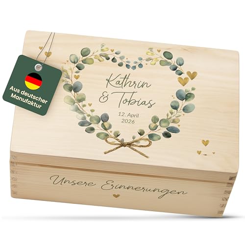 Amari Personalisierte Erinnerungsbox aus Holz | Eukalyptus Herz | Individuelles Hochzeitsgeschenk Erinnerung Hochzeit Personalisiertes Holzkiste