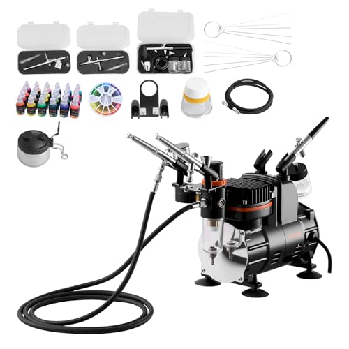 VEVOR Airbrush Kit, 1/6 HP, Air Brush Kit with Air Compressor, 3 Dual-Action Professional Airbrushes with 3 Tips, Hose, Acrylic Paint, Brush, Low Noise, for Cake Decorating, Model Painting, Nail Art by VEVOR - Used condition - US$97.76