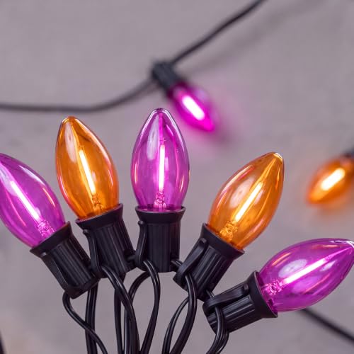 Image of 25FT LED C9 Orange and Purple Halloween String Lights Outdoor, 26 C9 Bulbs