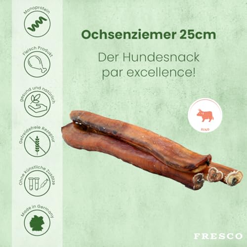 FRESCO Dog Ochsenziemer Hundeleckerli Kausnack aus 100% Rind für Zahnpflege und Belohnung I 25cm aus Deutscher Herstellung