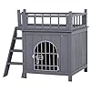 PawHut 2-Level Wooden Cat House, Outdoor Dog Shelter Cat Condo with Lockable Wire Door and Balcony, Grey