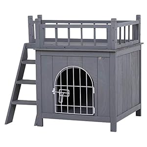 PawHut 2-Level Wooden Cat House, Outdoor Dog Shelter Cat Condo with Lockable Wire Door and Balcony, Grey