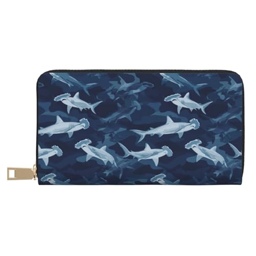 Leather Thin Slim Wallets for Women Men - Fashion Blue Camo Hammerhead Shark Print Card Wallet Holder with Zipper
